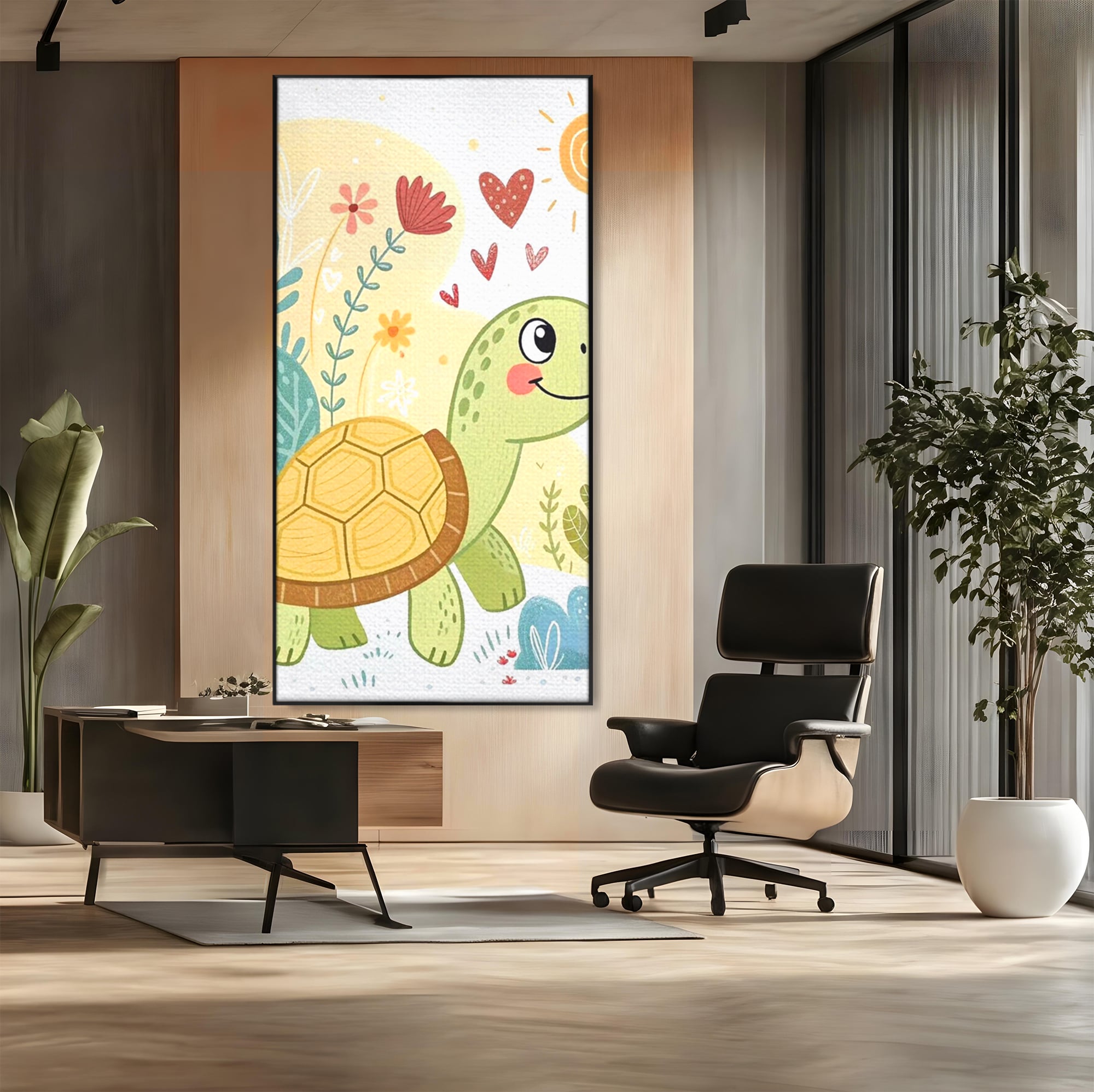 Tablou canvas cu ilustratie cu testoasa vesela printre flori, in rama de aluminiu negru, pe perete intr-un birou